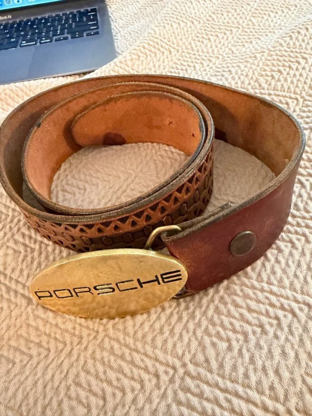 Porsche Mens Belt Brass Buckle Leather Strap Brown Tooled 34-40 inches Vintage